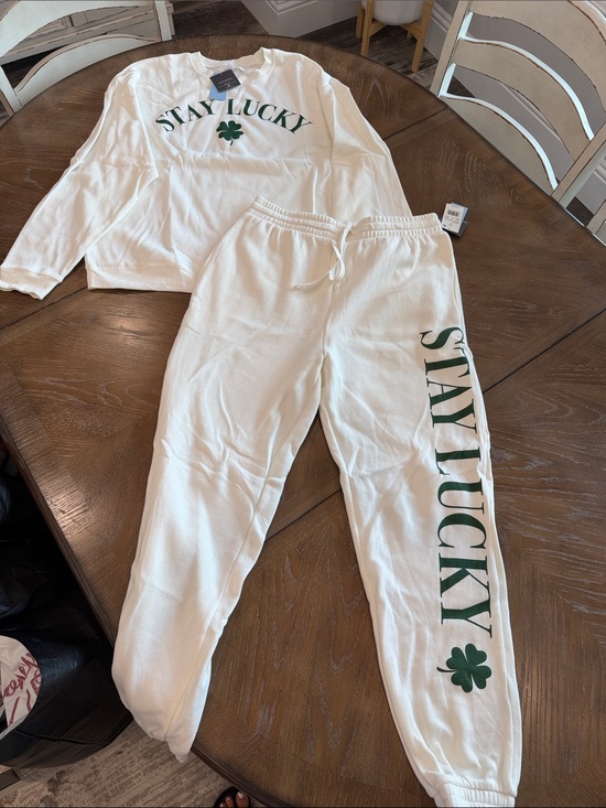Grayson Threads Tops - Grayson Threads White Sweatshirt & Joggers Set with Green "STAY LUCKY" Print